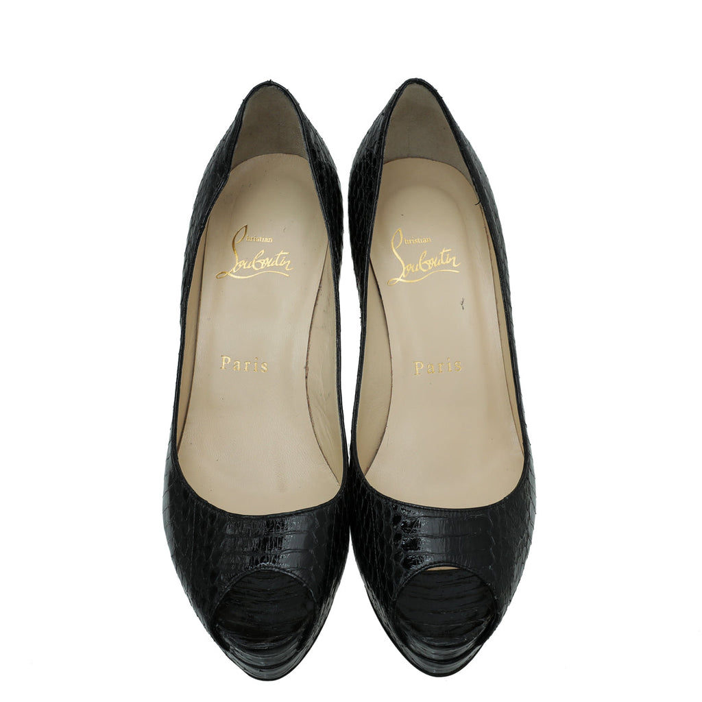 Christian Louboutin Shiny Black Python Lady Peep 85 Pumps 36.5
