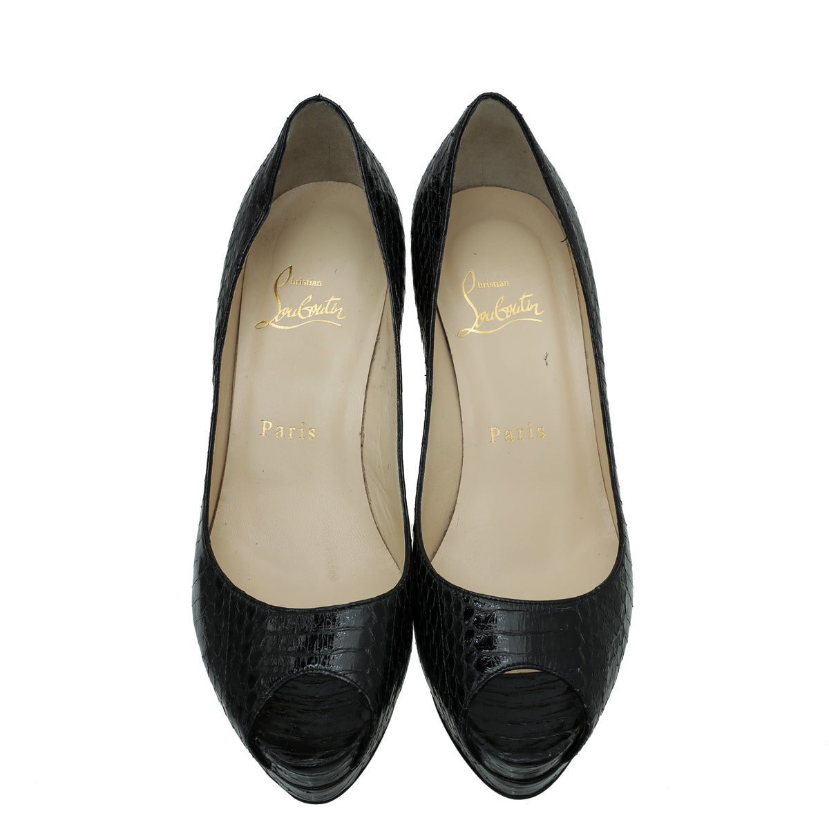 Christian Louboutin Shiny Black Python Lady Peep 85 Pumps 36.5
