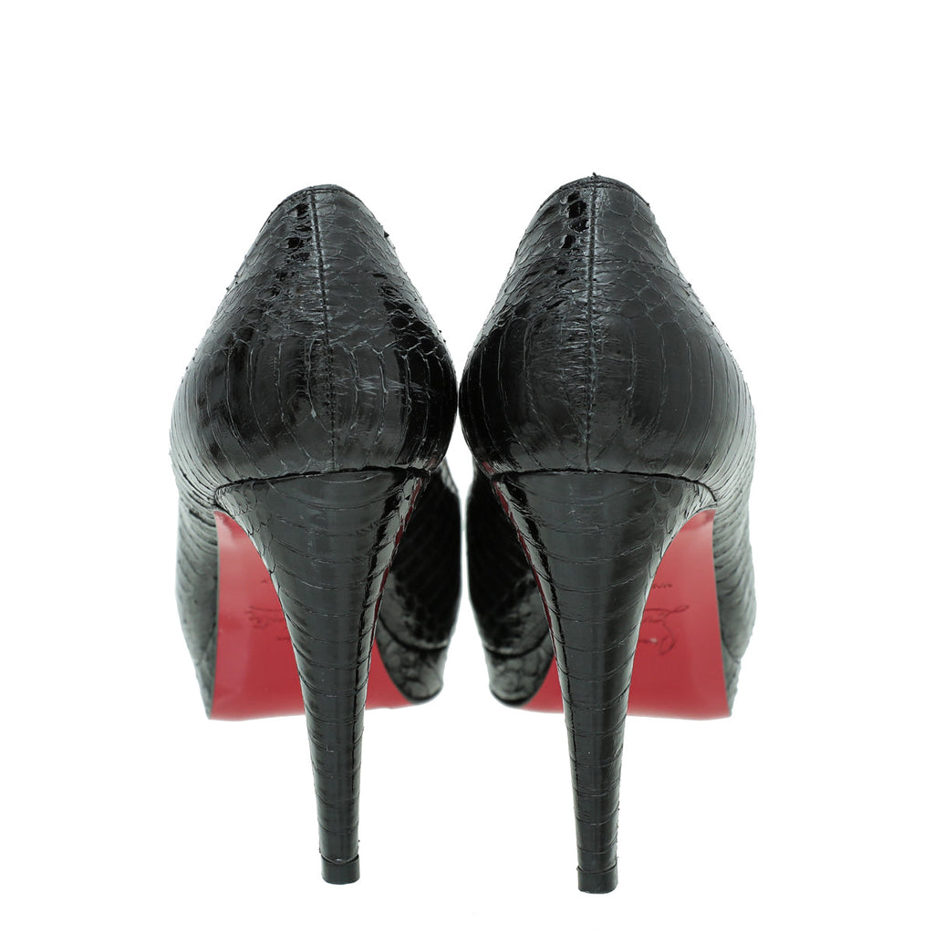 Christian Louboutin Shiny Black Python Lady Peep 85 Pumps 36.5