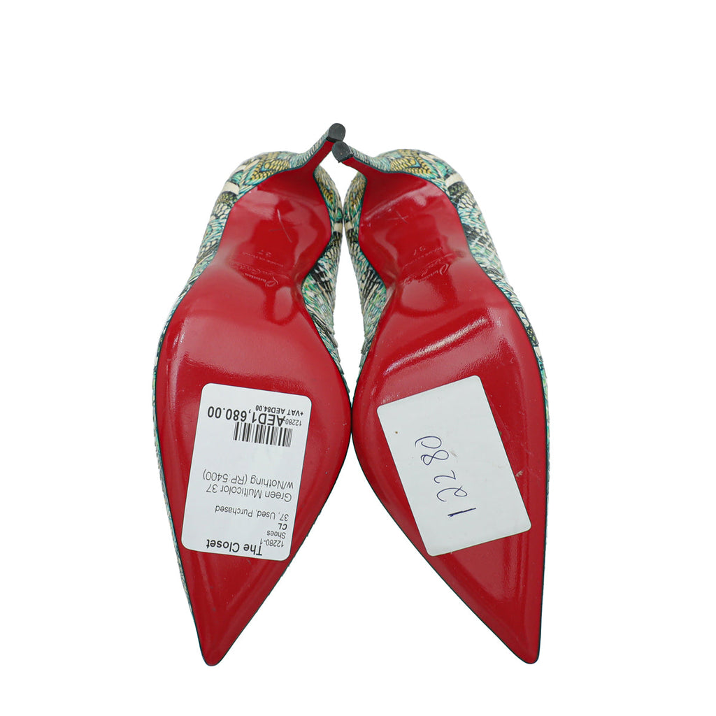 Christian Louboutin Green Multicolor Printed Python Inferno So Kate Pumps 37