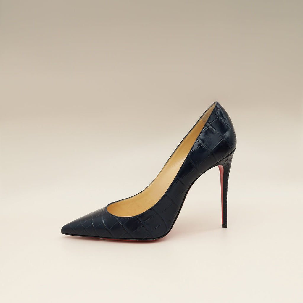 Christian Louboutin Navy Blue Croco-Embossed Kate 110mm Pump 38