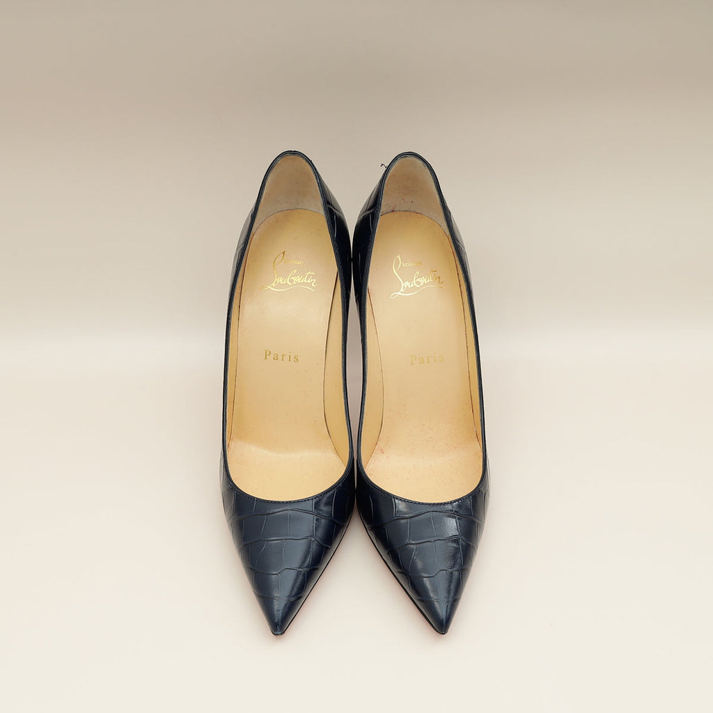 Christian Louboutin Navy Blue Croco-Embossed Kate 110mm Pump 38