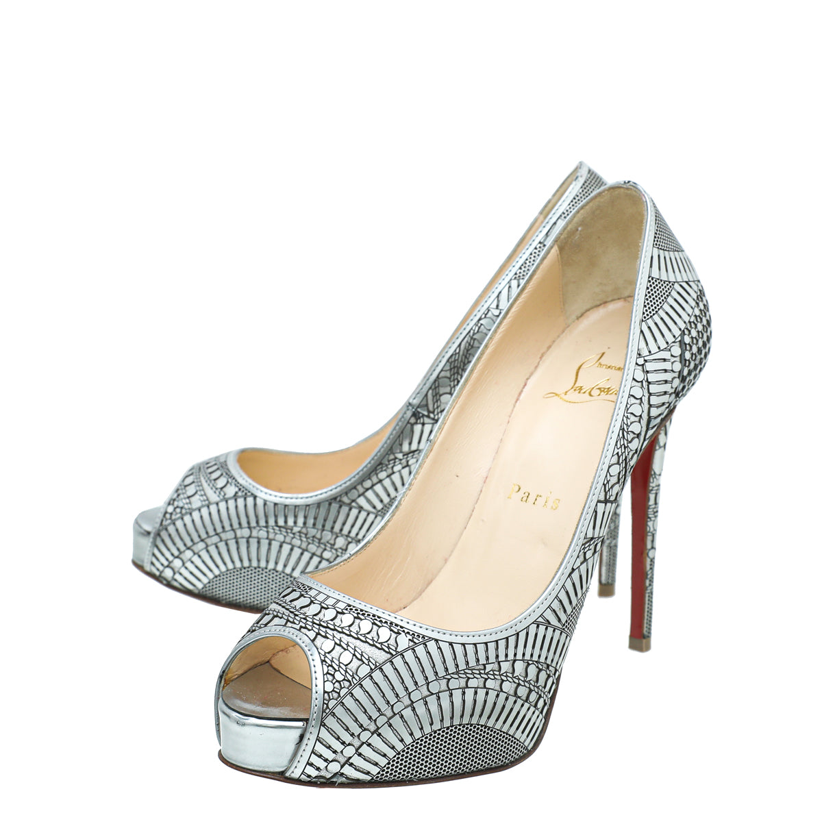 Christian Louboutin Silver Suellena Peep Toe Platform Pumps 36.5