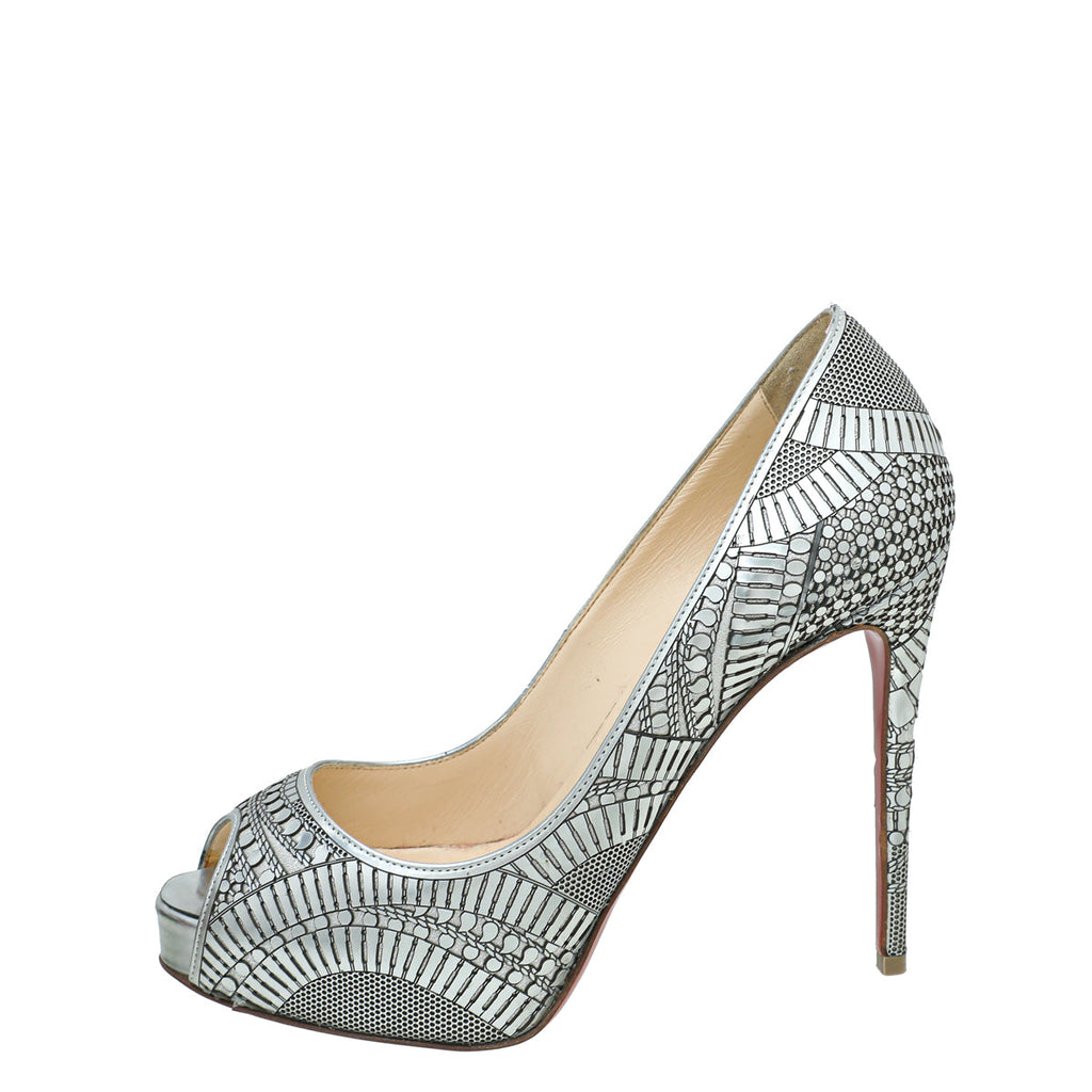 Christian Louboutin Silver Suellena Peep Toe Platform Pumps 36.5