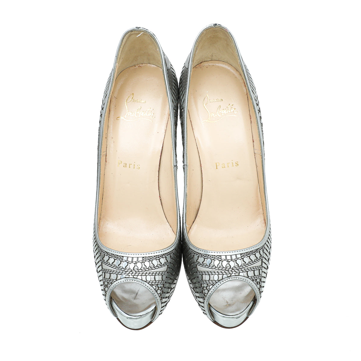 Christian Louboutin Silver Suellena Peep Toe Platform Pumps 36.5