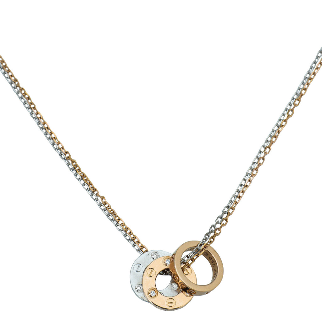 Cartier 18K White-Pink Gold Diamond Double Chain Love 3 Circles Pendant