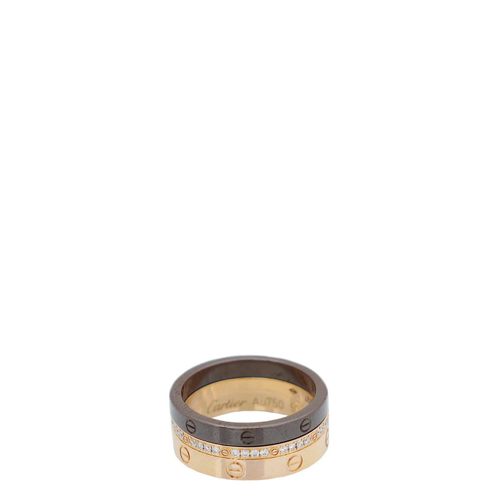 Cartier 18K Pink Gold Diamonds Ceramic Love 3 Hoops Ring 50