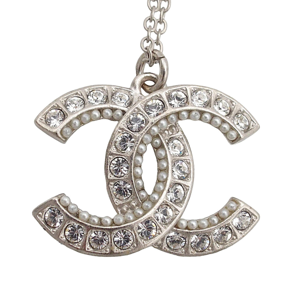 Chanel CC Brass Strass and Faux Pearl Pendant Necklace
