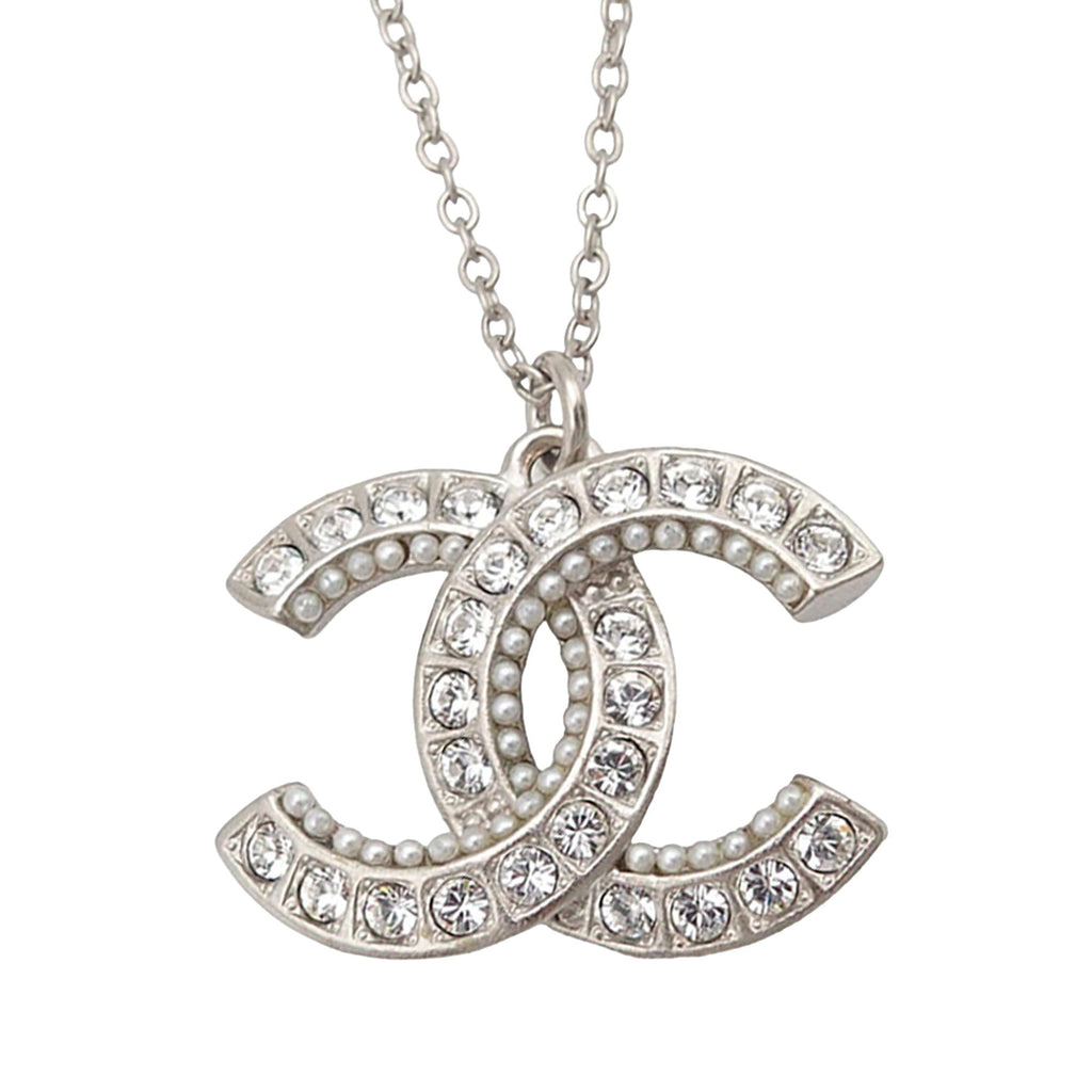Chanel CC Brass Strass and Faux Pearl Pendant Necklace