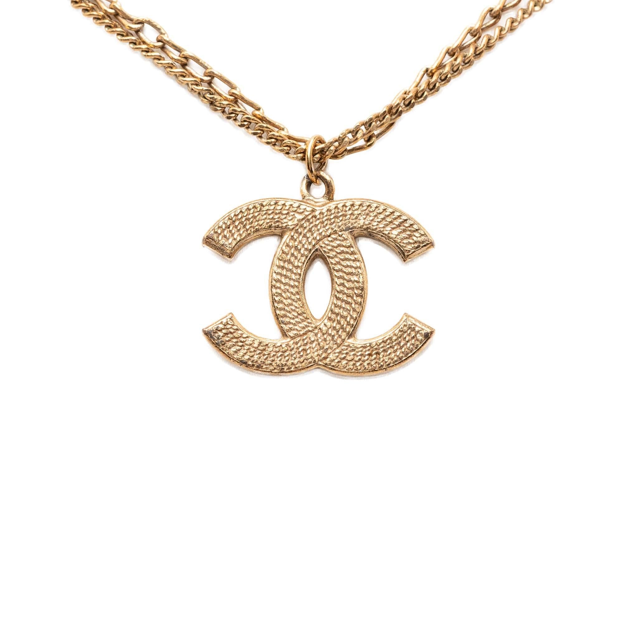 Chanel CC Gold Plated Textured Pendant Double Chain Necklace