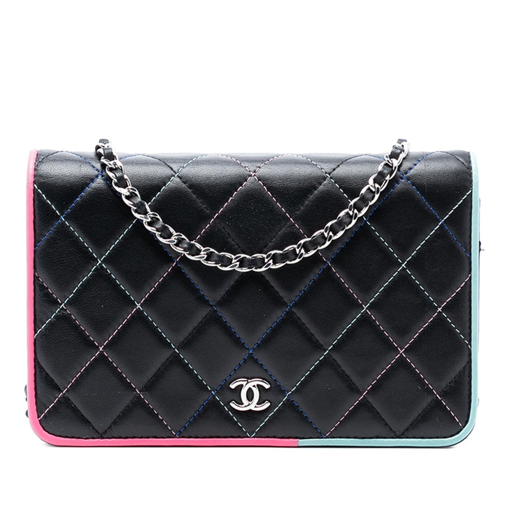 Chanel CC Quilted Lambskin Multicolor Border Full Flap Wallet on Chain