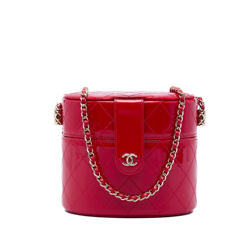Chanel CC Quilted Patent Round Vanity Case with Chain