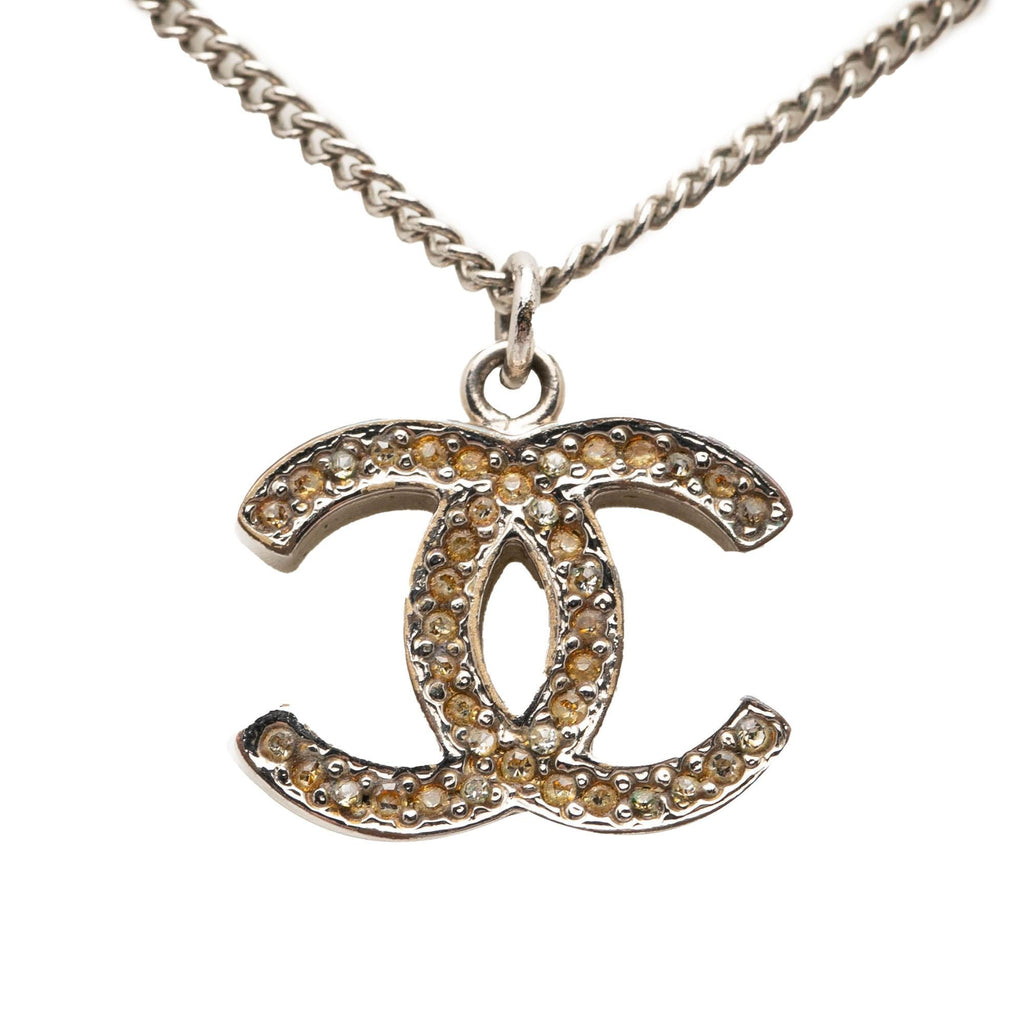 Chanel CC Silver Plated Rhinestone Pendant Necklace