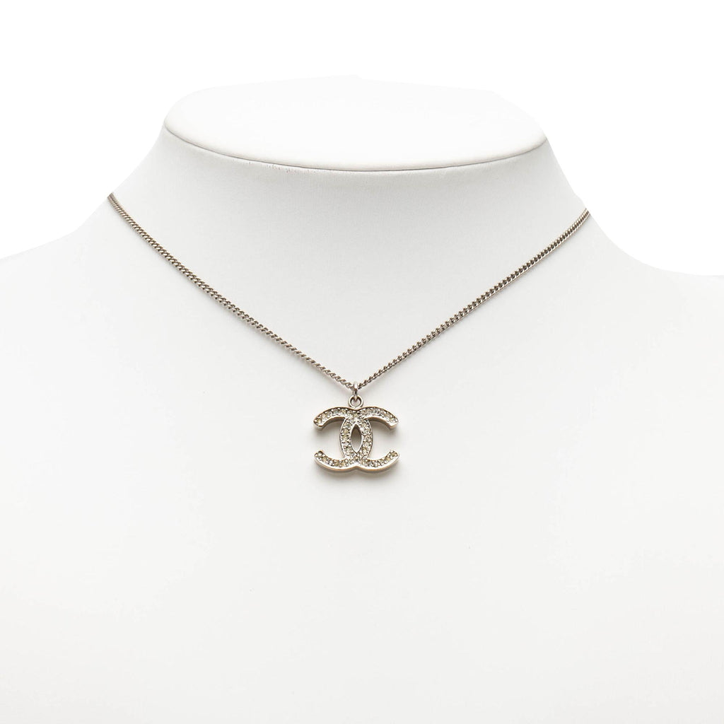 Chanel CC Silver Plated Rhinestone Pendant Necklace