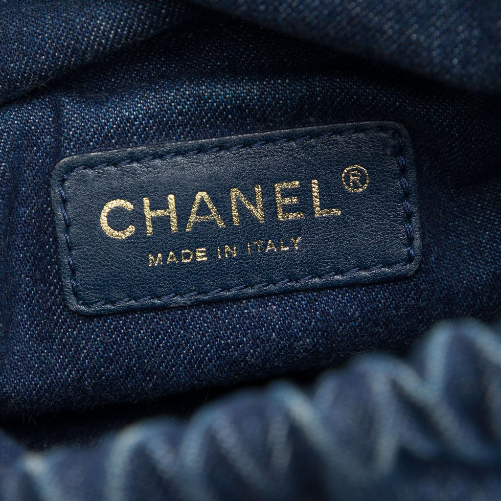 Chanel CC Woven Denim and Raffia Drawstring Bucket Bag