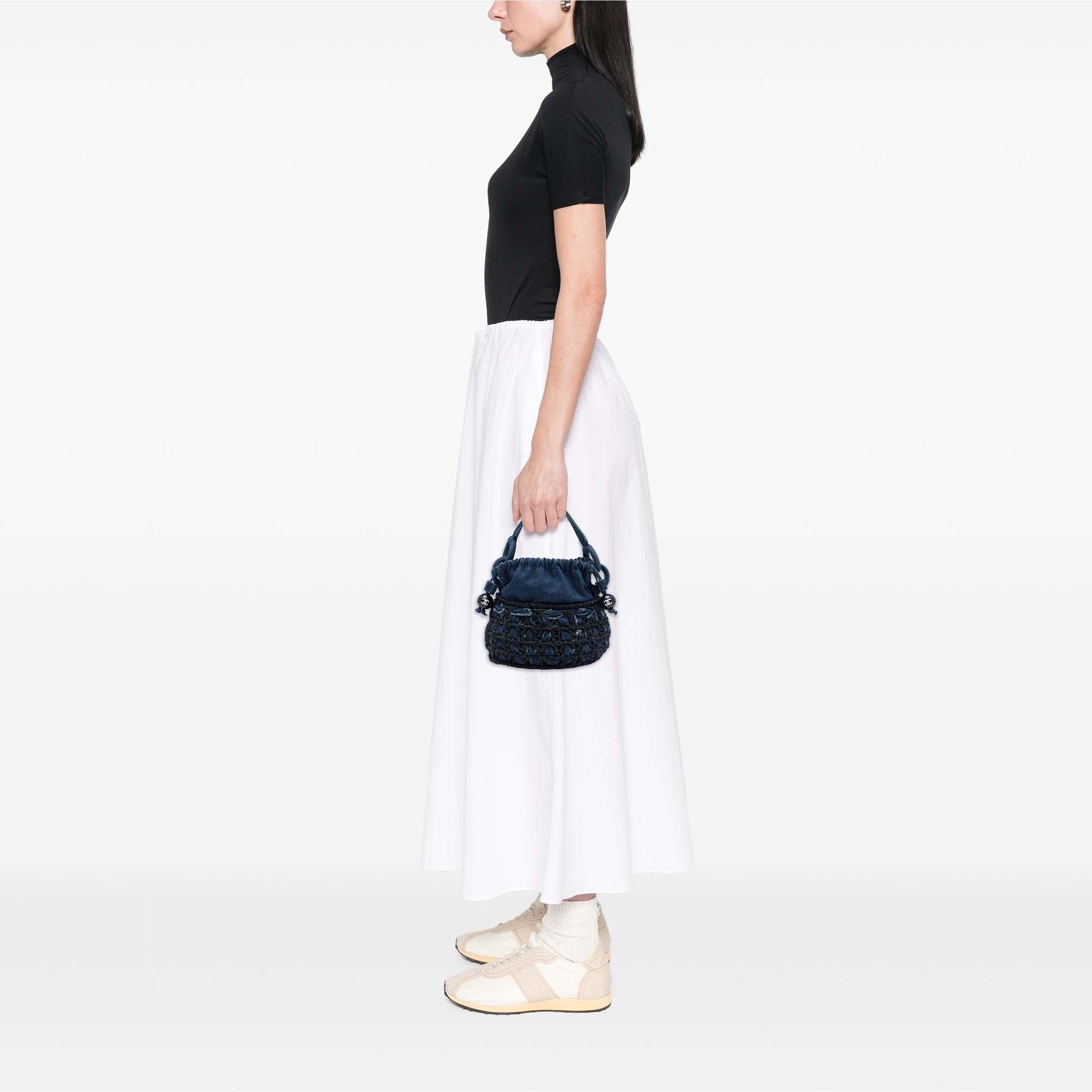 Chanel CC Woven Denim and Raffia Drawstring Bucket Bag