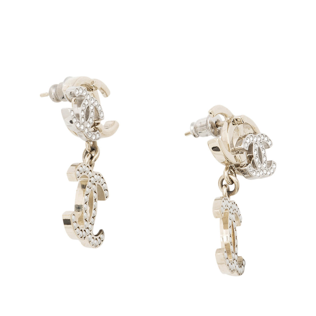 Chanel Faux Pearl Crystal Triple CC Drop Earrings