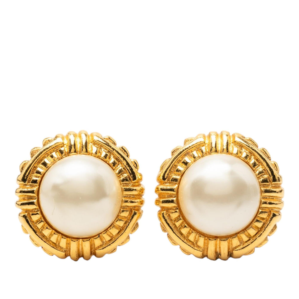 Chanel Gold Plated Faux Pearl Clip On Earrings