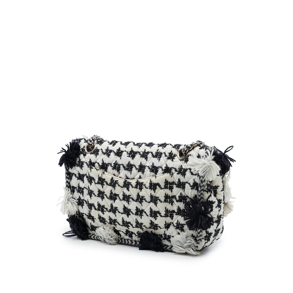 Chanel Medium Classic Embroidered Canvas Houndstooth Pom Pom Flap