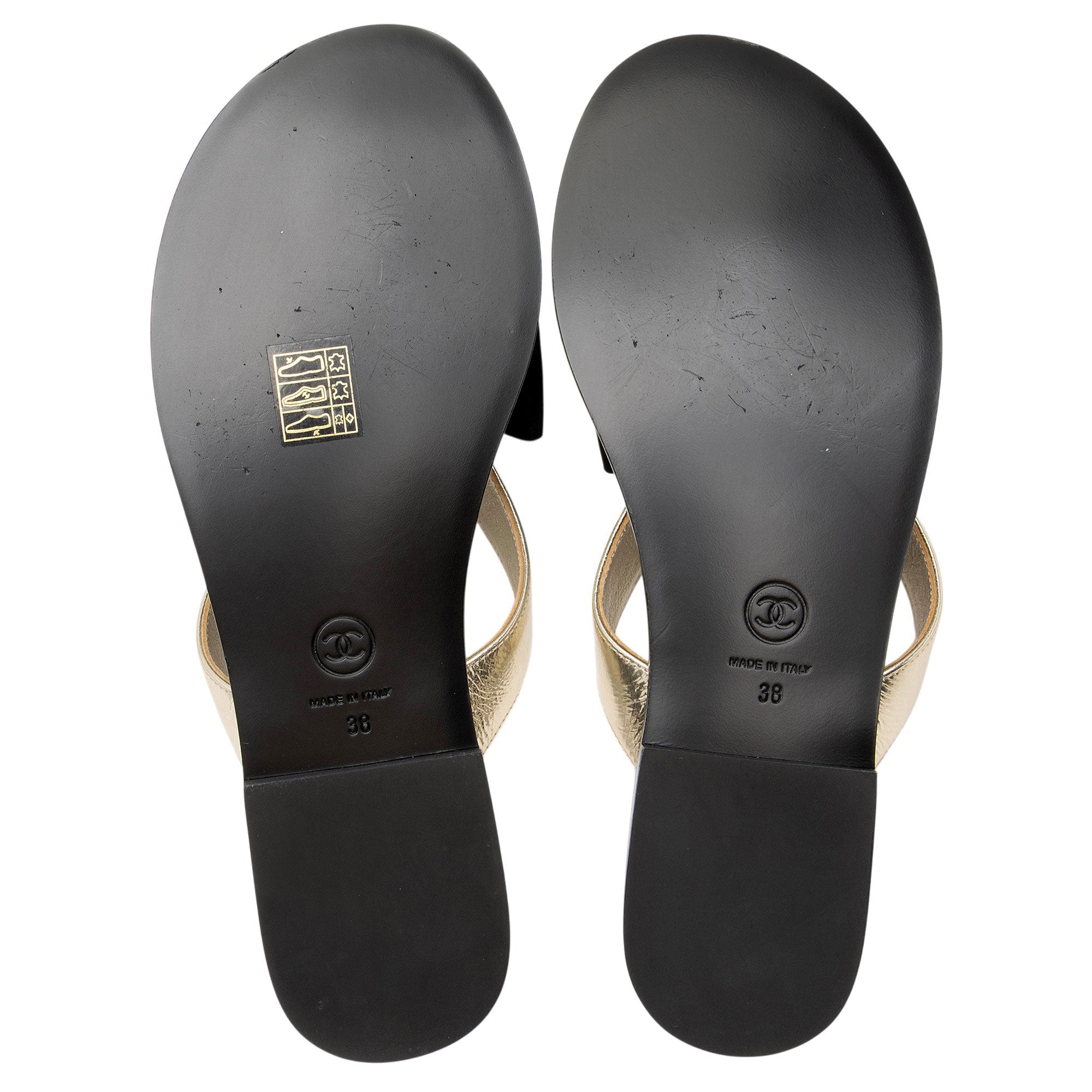 Chanel Metallic Leather Grosgrain Bow CC Thong Sandals - Size 8 / 38