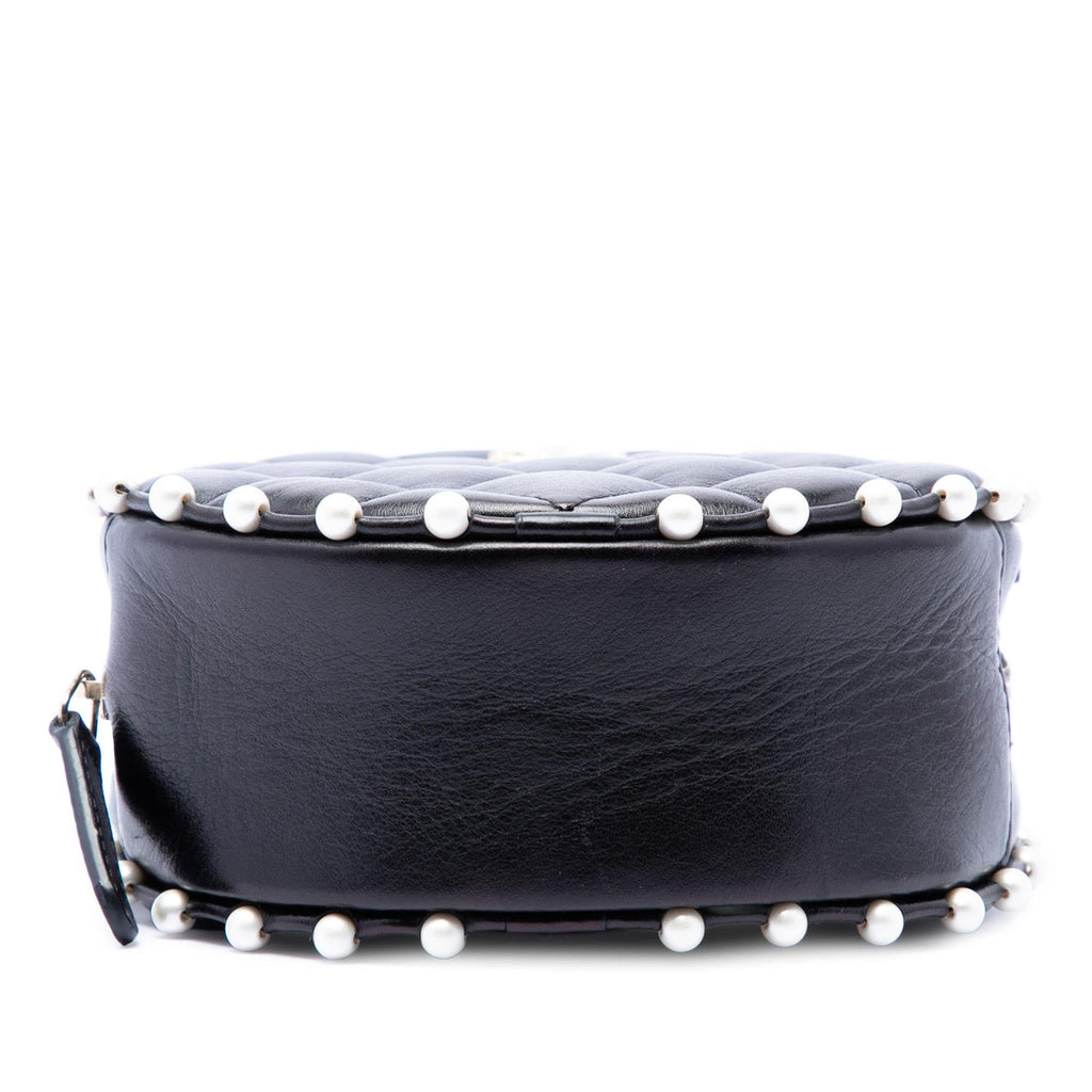 Chanel Quilted Calfskin Pearl Studded Round Clutch with Chain