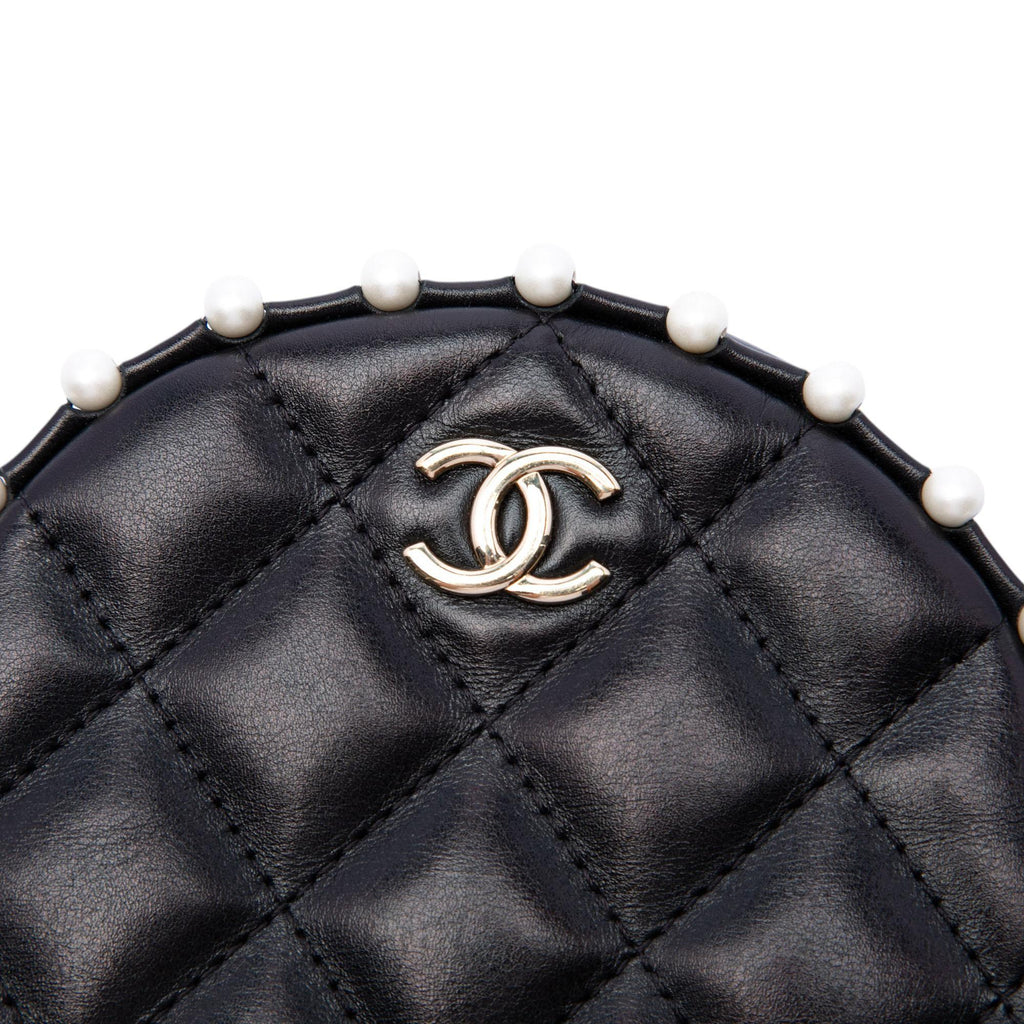 Chanel Quilted Calfskin Pearl Studded Round Clutch with Chain
