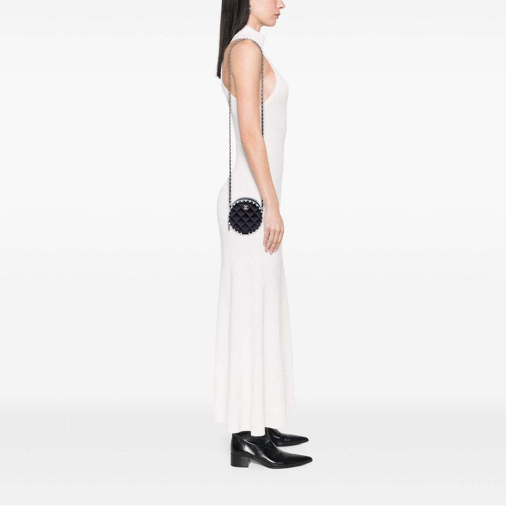 Chanel Quilted Calfskin Pearl Studded Round Clutch with Chain