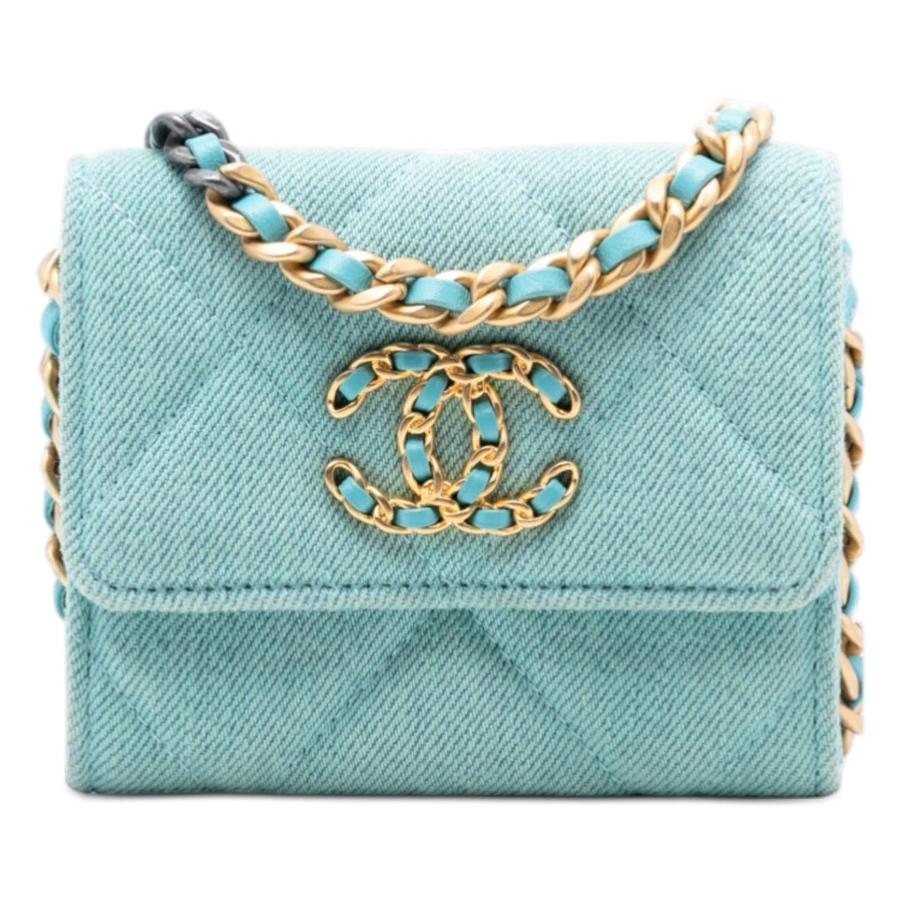 Chanel Quilted Denim 19 Card Holder with Chain