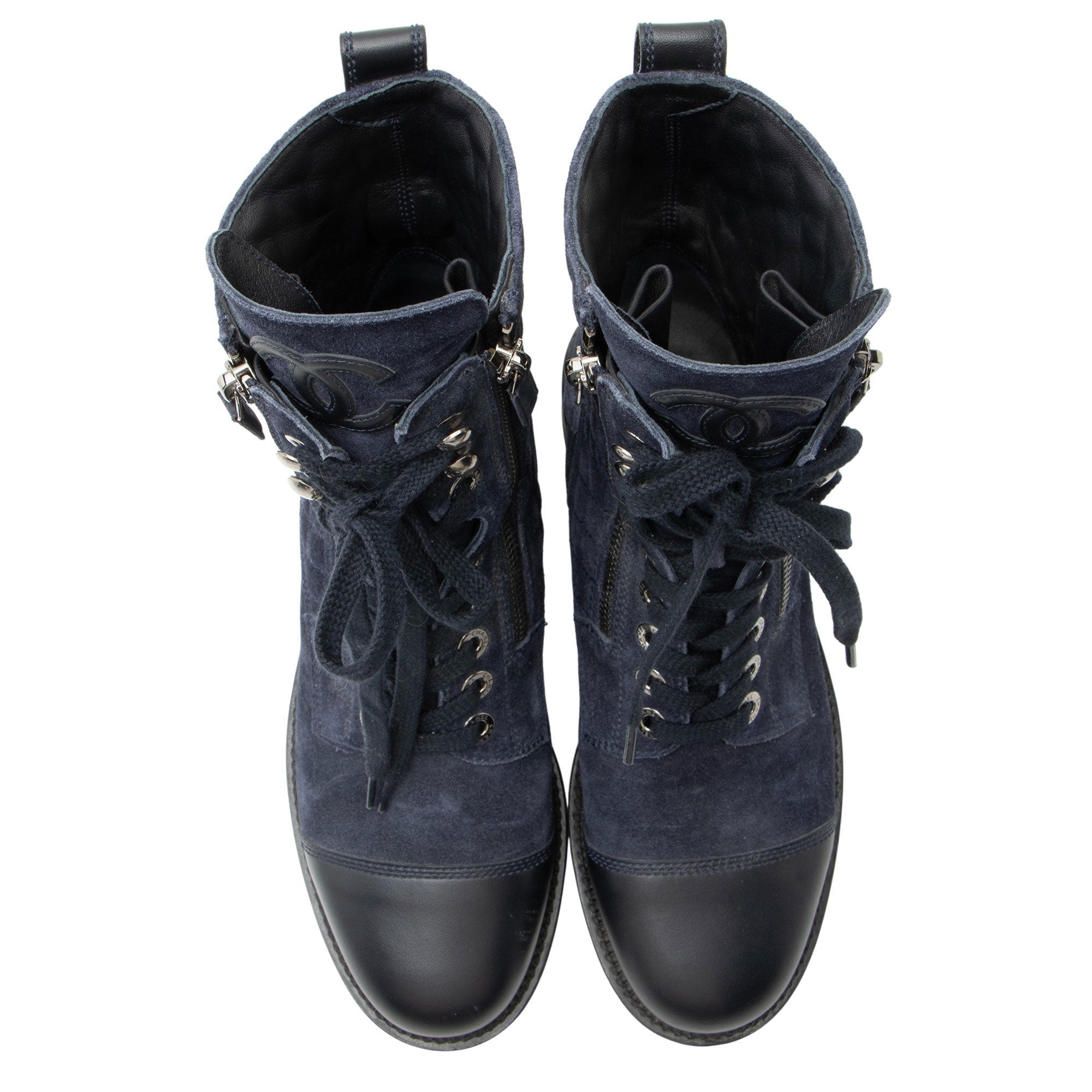 Chanel Quilted Suede CC Leather Cap Toe Combat Boots - Size 9 / 39