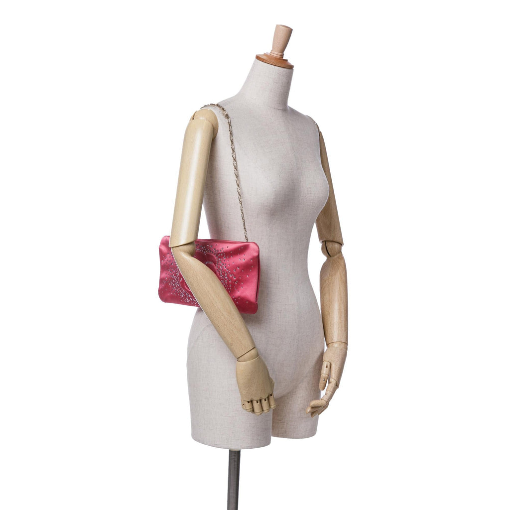 Chanel Satin Diamante Camellia Clutch with Chain