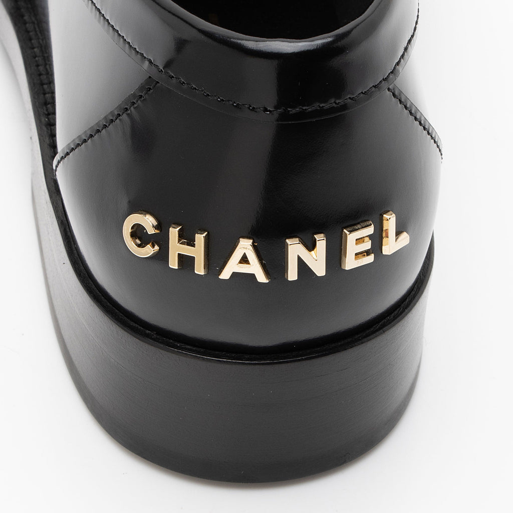 Chanel Shiny Calfskin Logo Loafers - Size 8 / 38