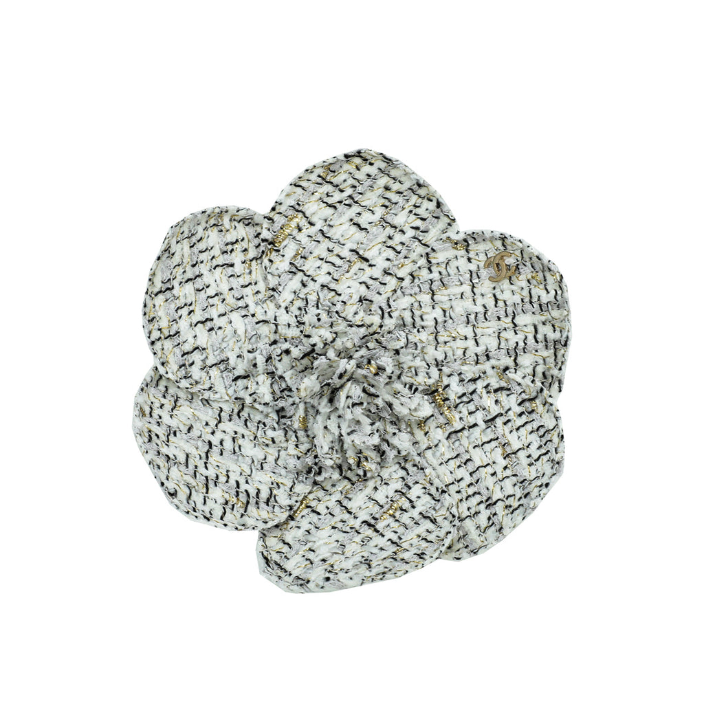 Chanel Tricolor CC Tweed Camellia Flower Brooch Large