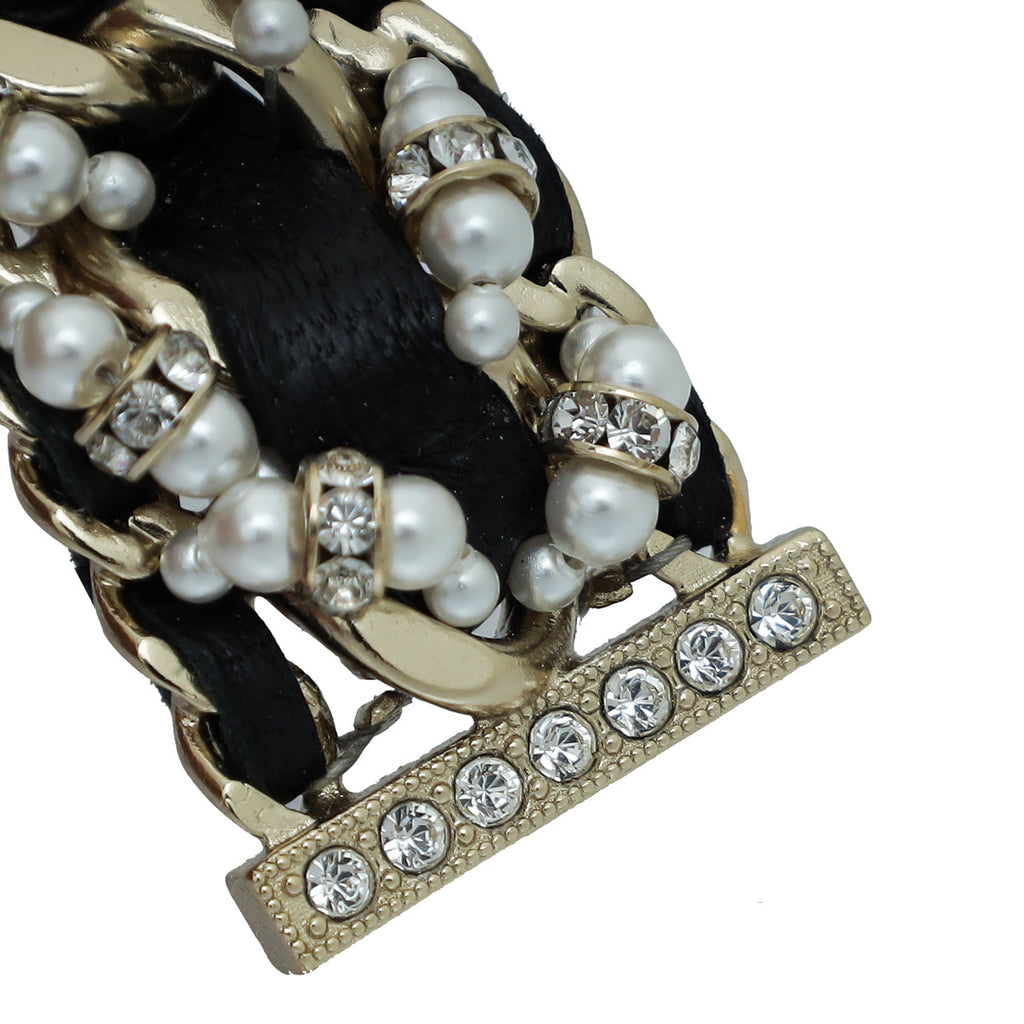 Chanel Black CC Braided Pearl Chain Hair Clip
