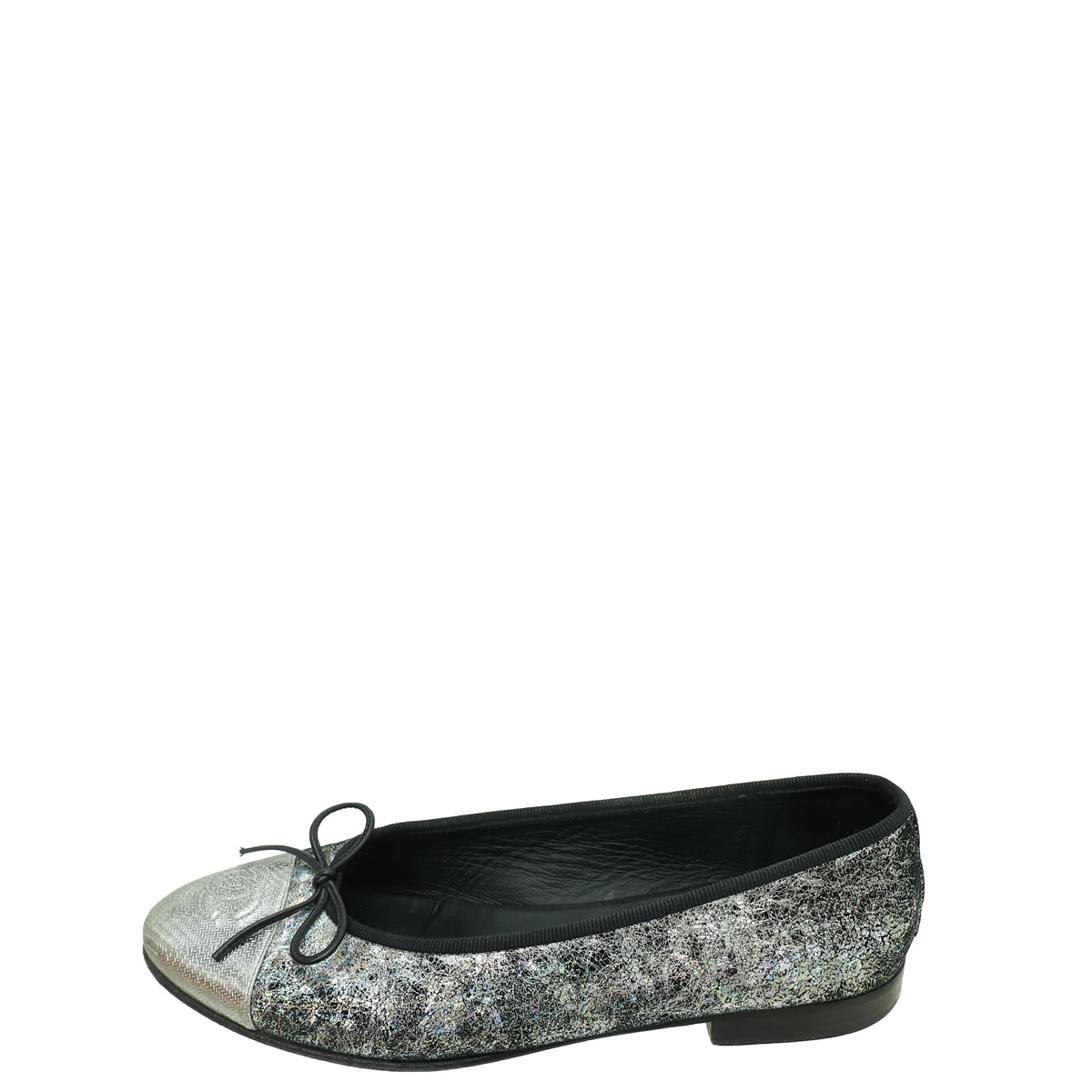 Chanel Metallic Silver Holographic Textured Suede CC Cap Toe Ballet Flats 37