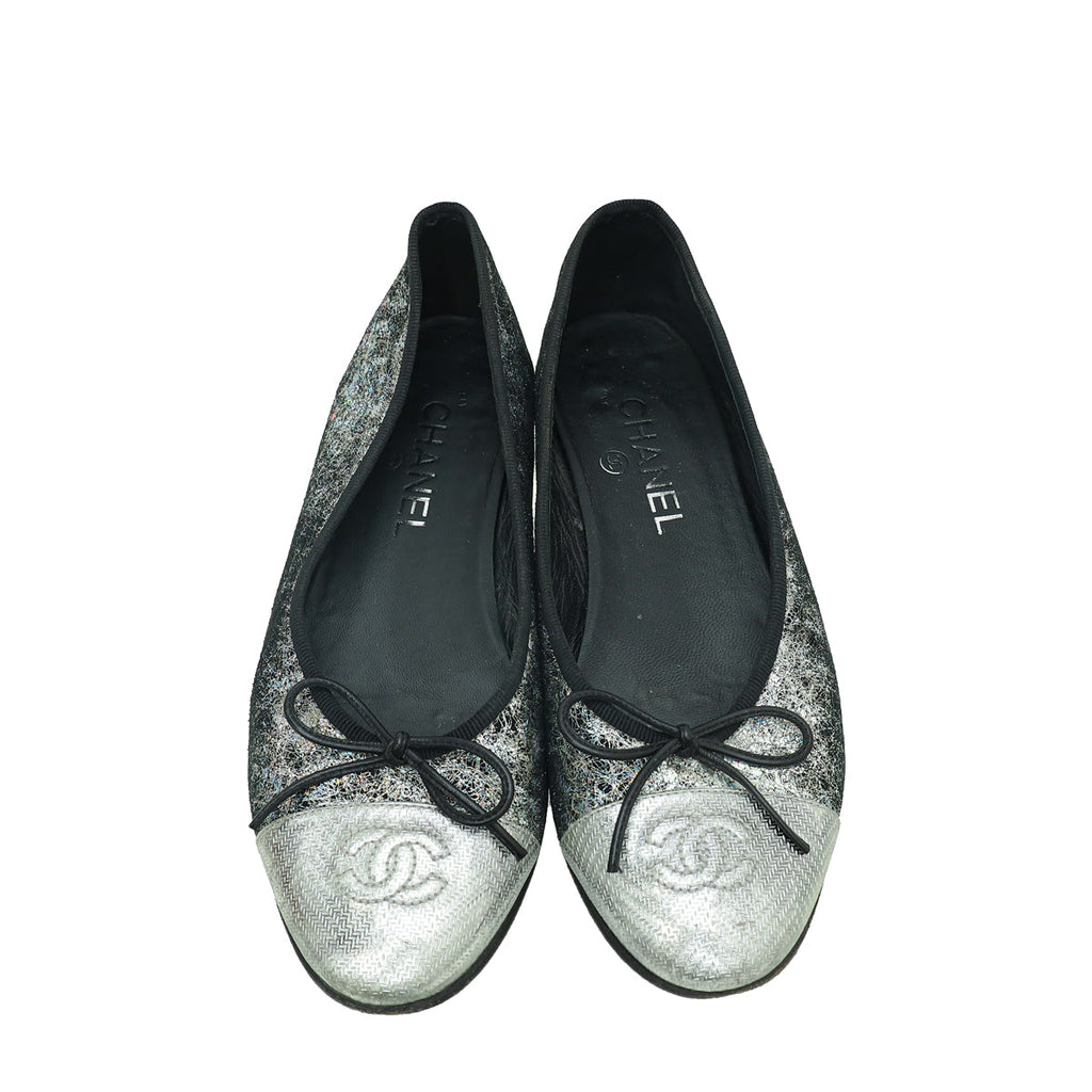 Chanel Metallic Silver Holographic Textured Suede CC Cap Toe Ballet Flats 37