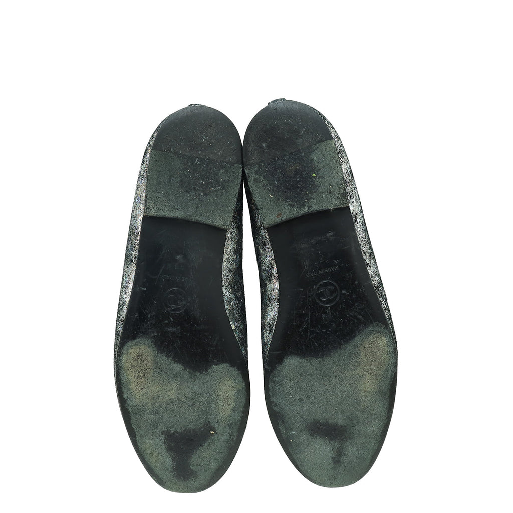 Chanel Metallic Silver Holographic Textured Suede CC Cap Toe Ballet Flats 37