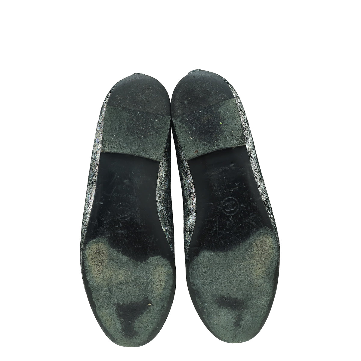 Chanel Metallic Silver Holographic Textured Suede CC Cap Toe Ballet Flats 37