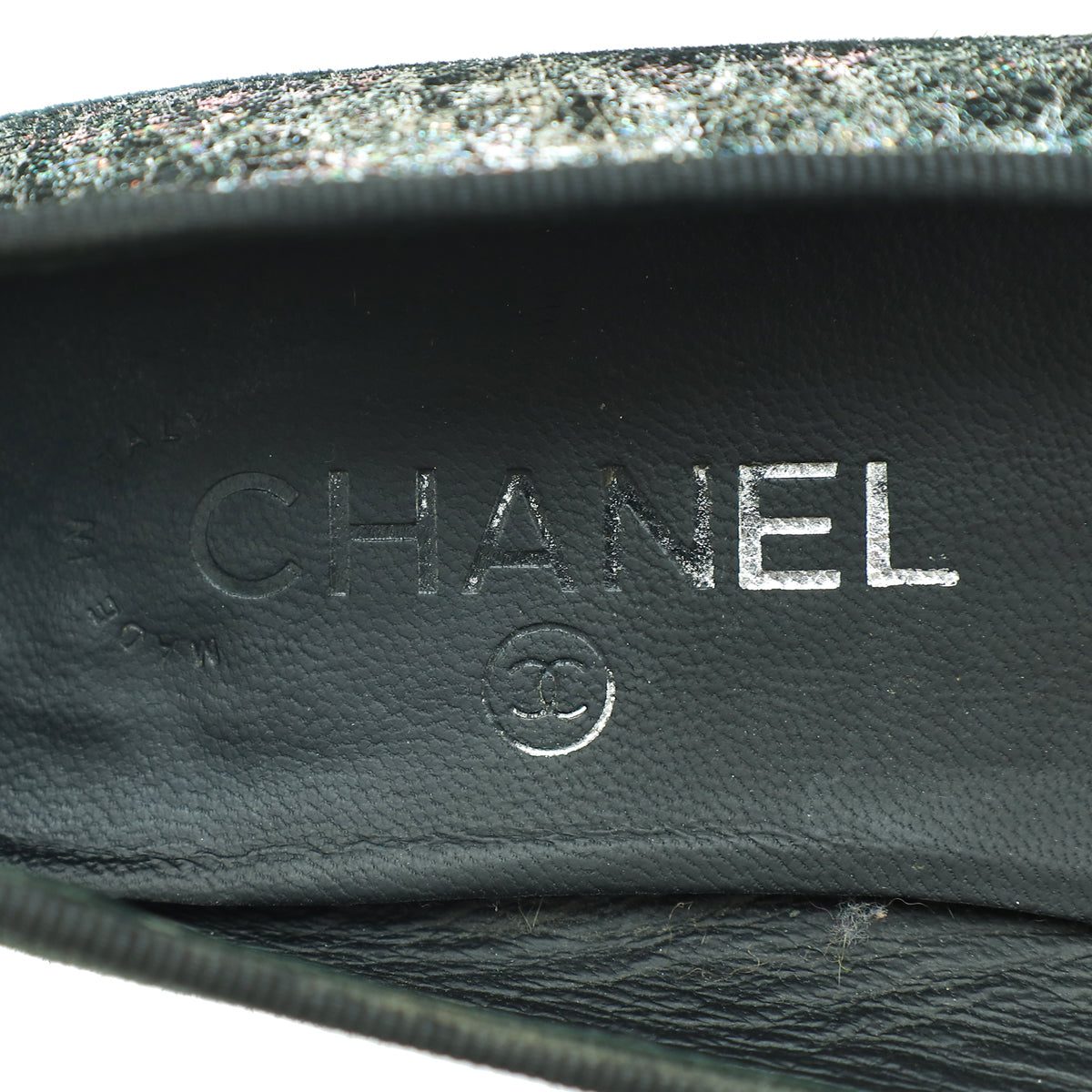 Chanel Metallic Silver Holographic Textured Suede CC Cap Toe Ballet Flats 37