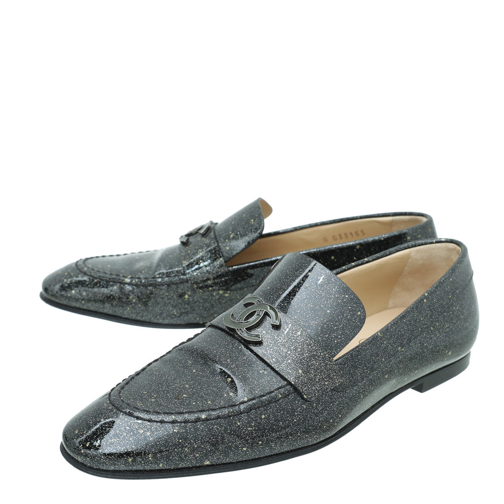 Chanel Metallic Black CC Flat Loafer 37.5