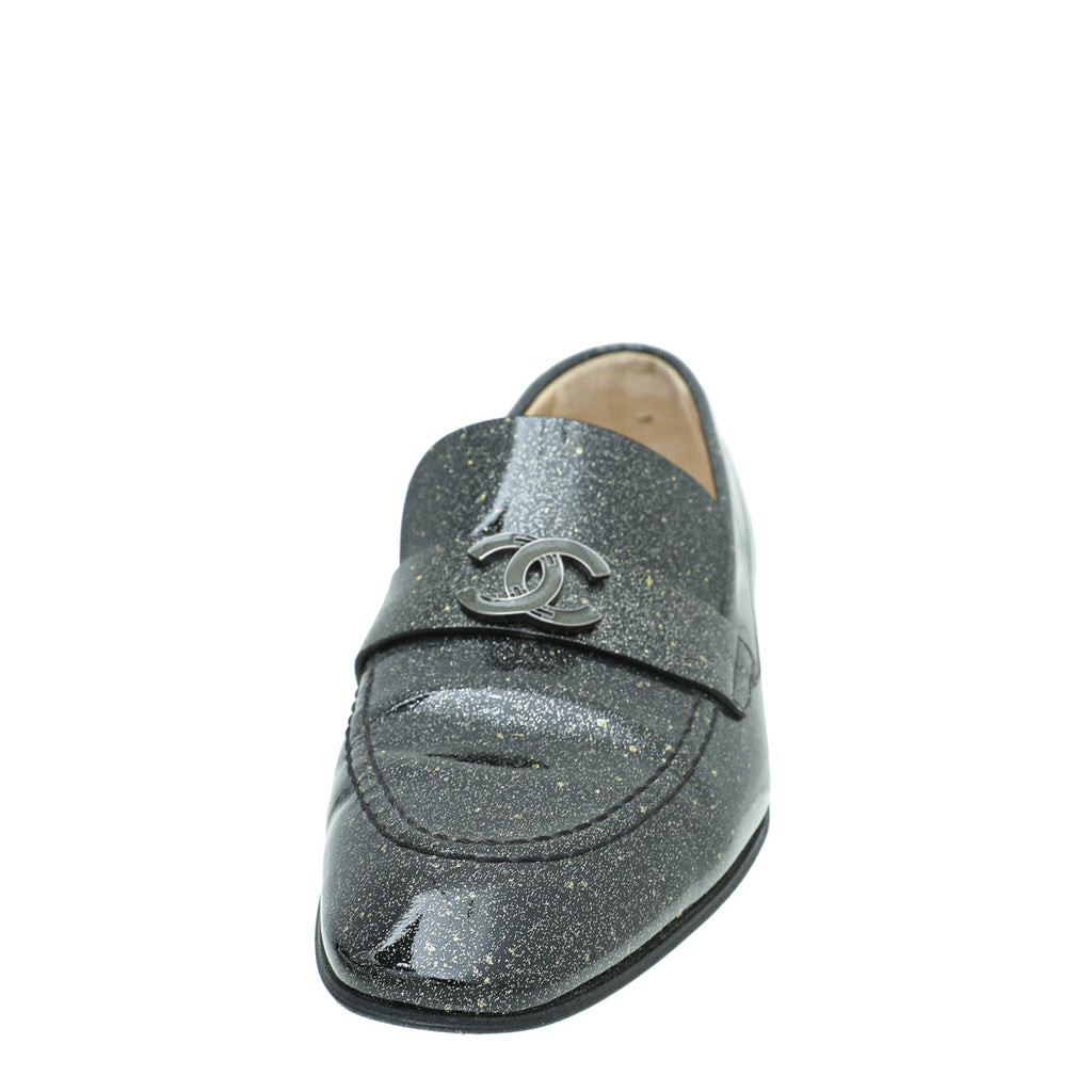 Chanel Metallic Black CC Flat Loafer 37.5