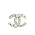 Chanel White CC Pearl Crystal Brooch