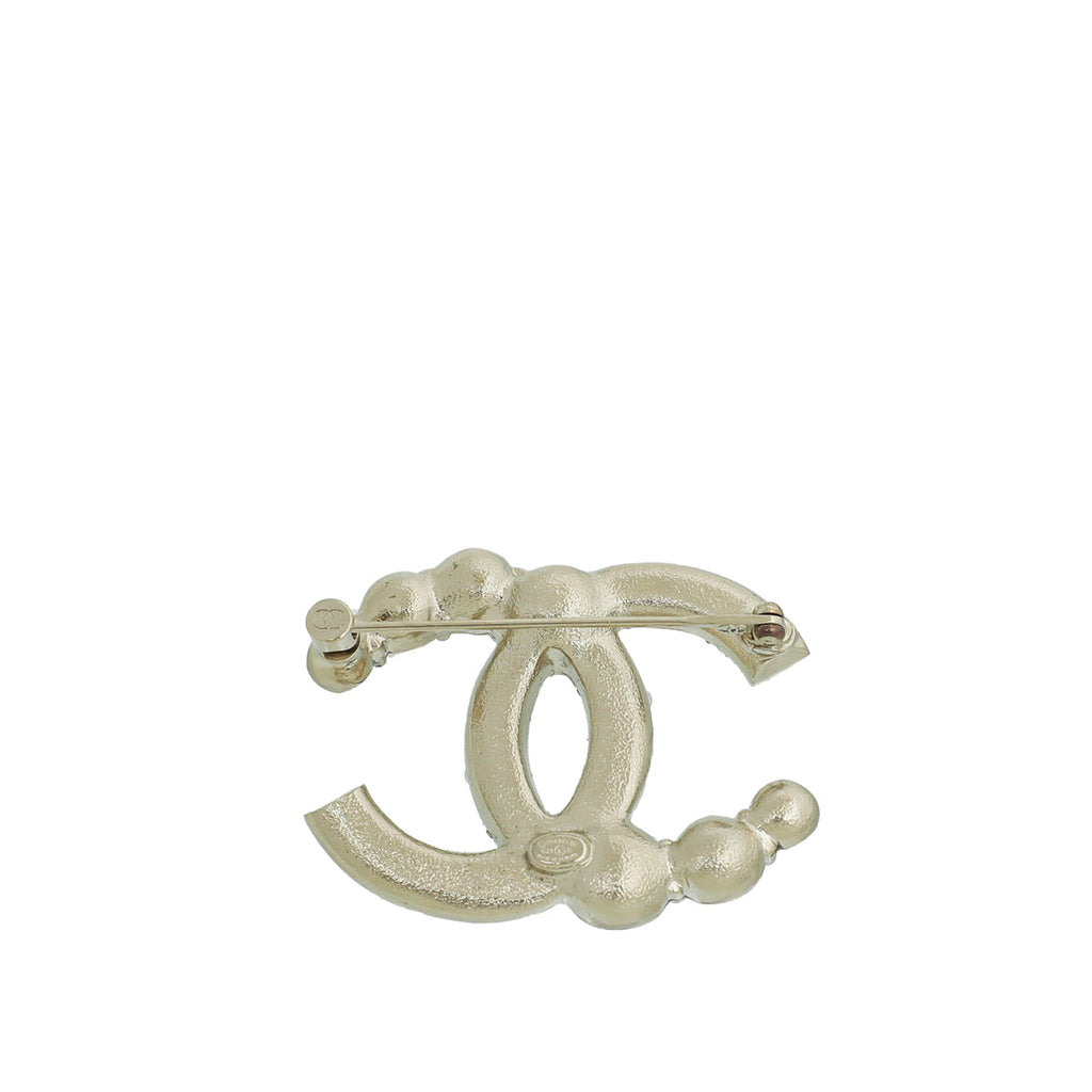 Chanel White CC Pearl Crystal Brooch