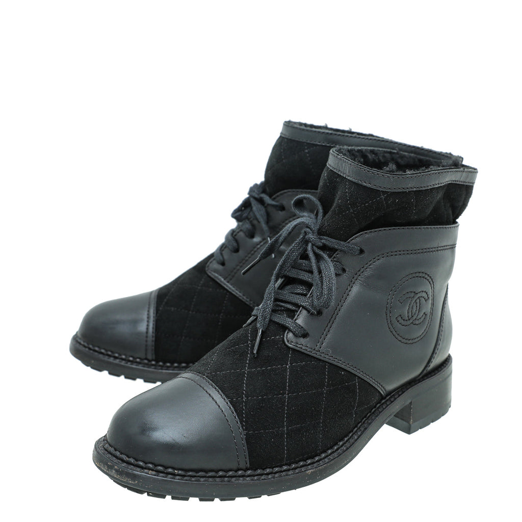 Chanel Black CC Suede Combat Boots 37.5
