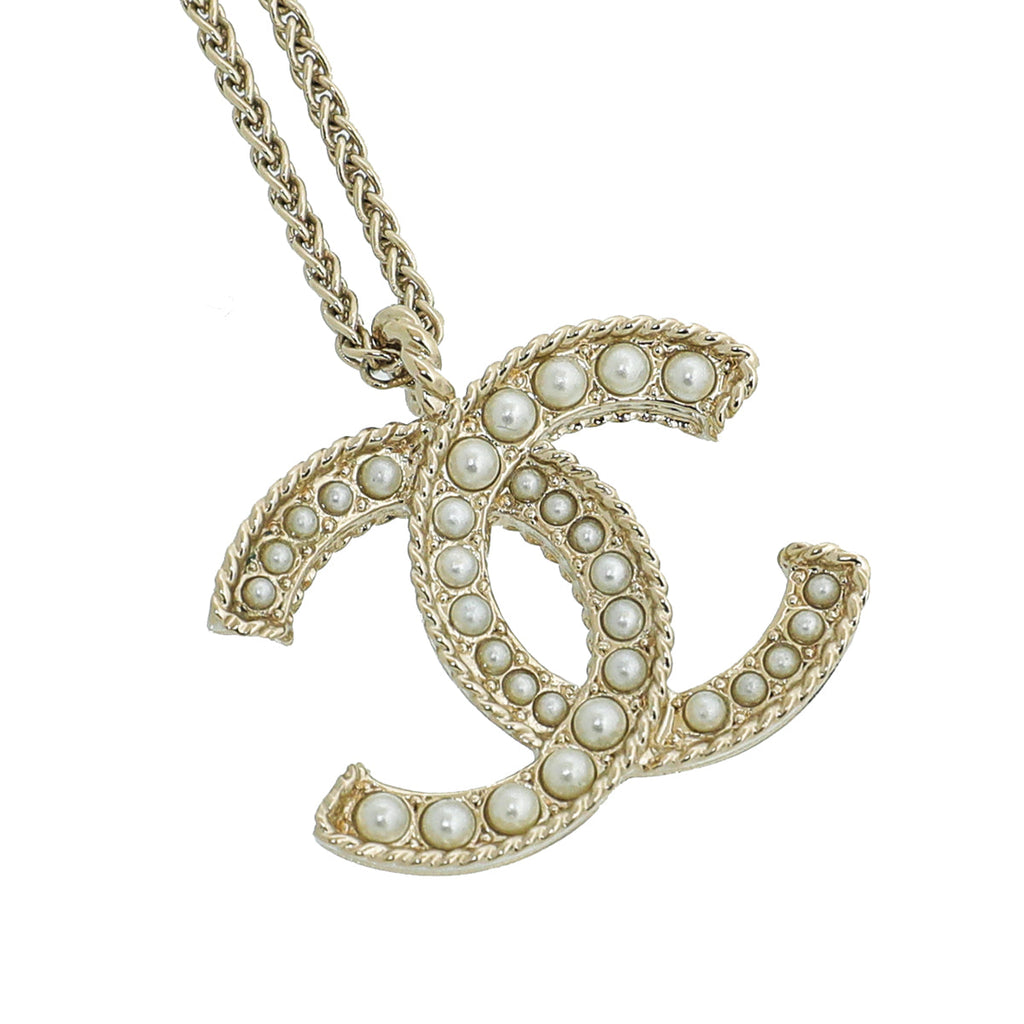 Chanel Gold CC Pearl Pendant Necklace