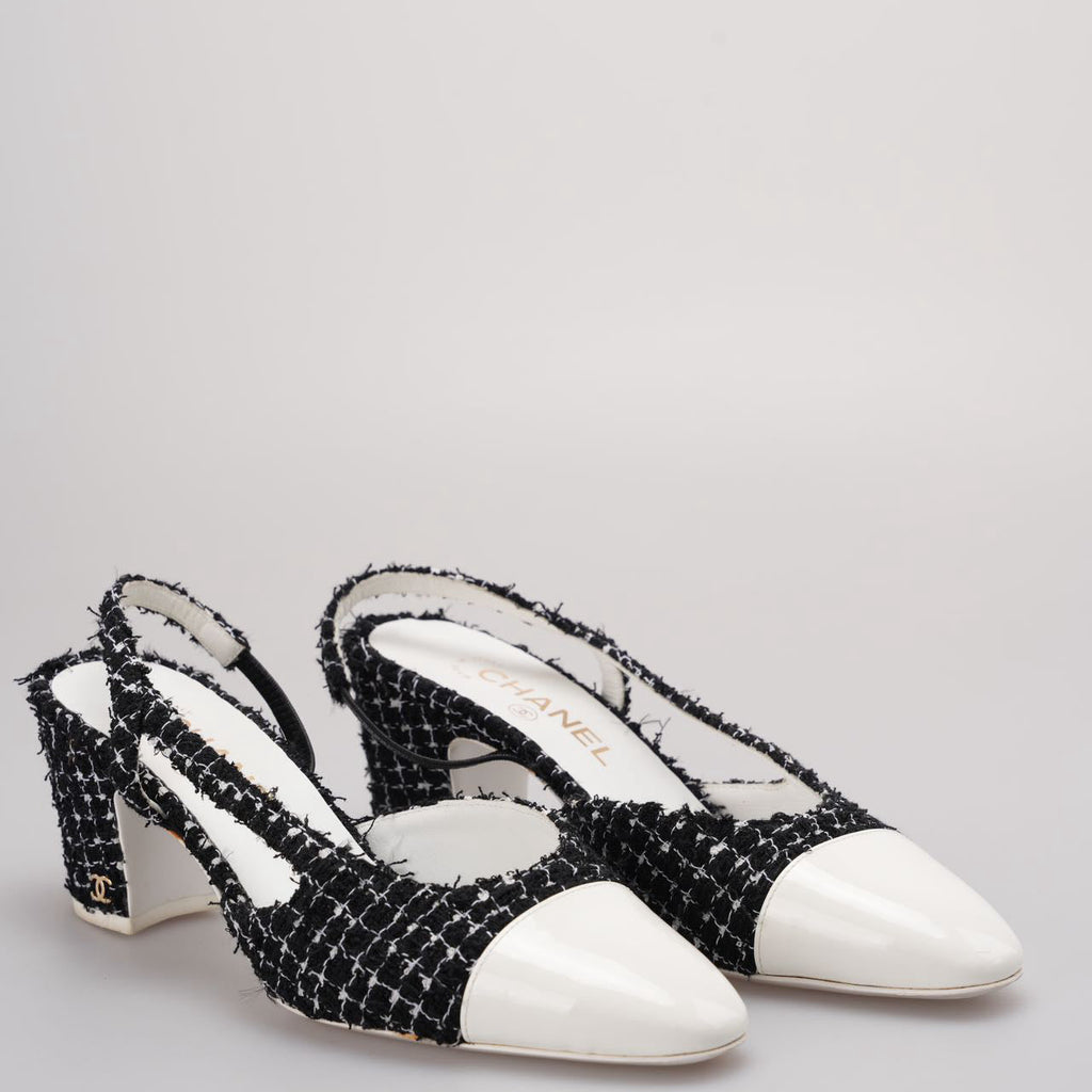 Chanel Black Tweed Slingback Pumps With White Cap Toe 38.5