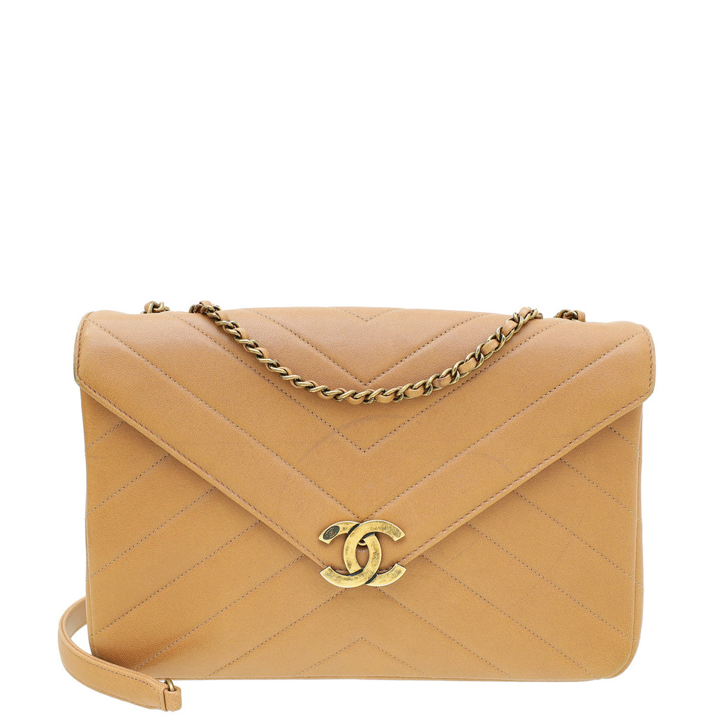 Chanel Brown Caramel CC Coco Envelope Chevron Flap Bag