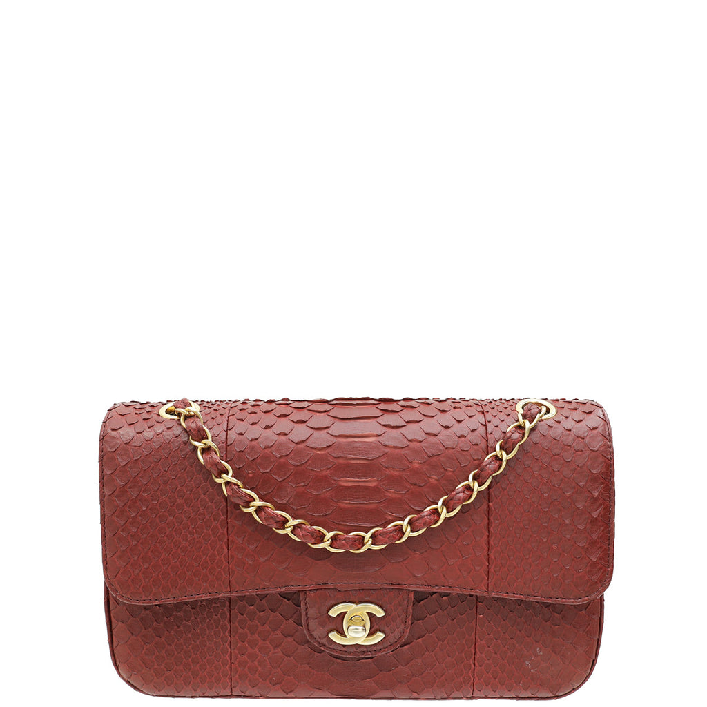 Chanel Burgundy Python CC Classic Double Flap Medium Bag
