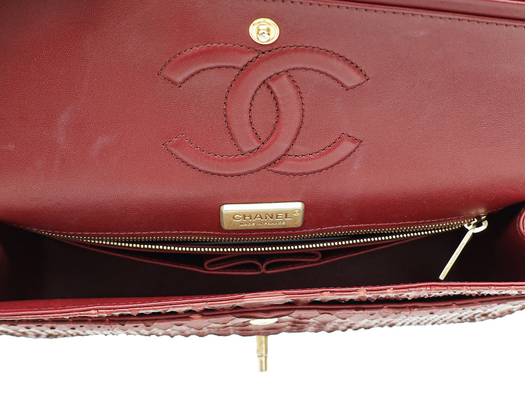 Chanel Burgundy Python CC Classic Double Flap Medium Bag