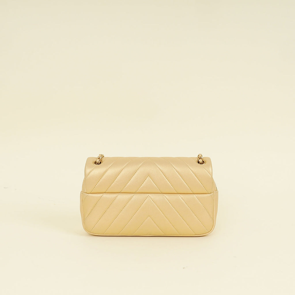 Chanel Light Metallic Gold CC Chevron Camera Case Small Flap Bag