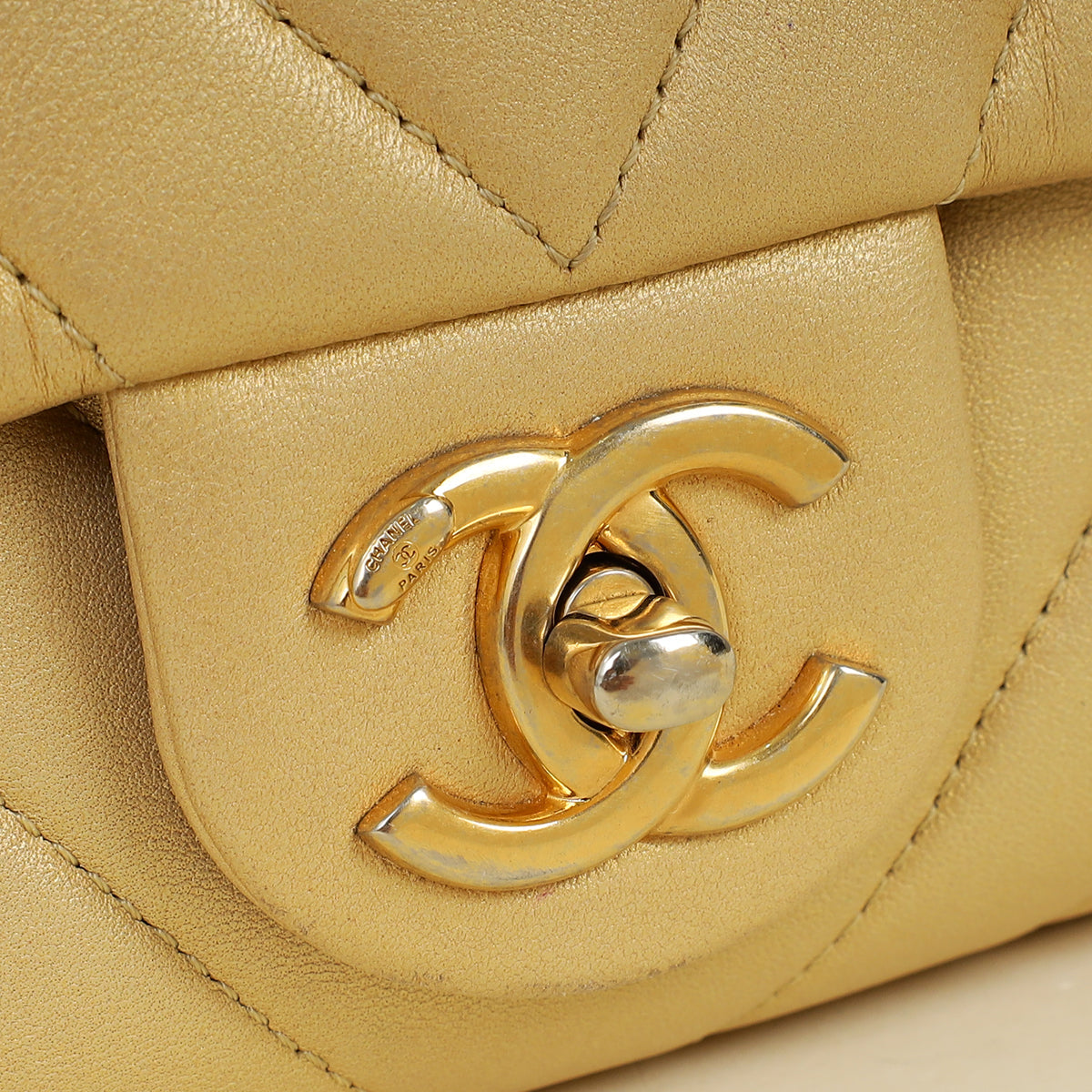Chanel Light Metallic Gold CC Chevron Camera Case Small Flap Bag